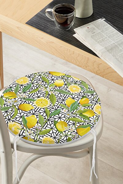 Realhomes Pernă de scaun rotundă cu fermoar, imprimată digitală 3D, cu model geometric și lămâie