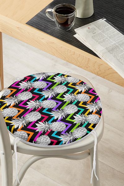Realhomes Black Zigzag Themed Pineapple Patterned Modern Round Zippered Chair Cushion