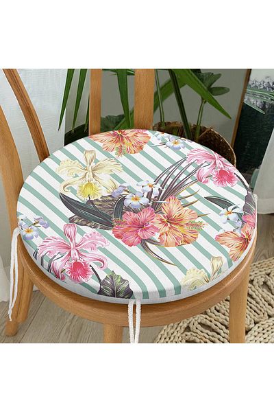 Realhomes Stripe Themed Geranium Digital Printed Round Zippered Chair Cushion