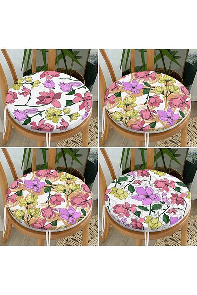 Realhomes Set of 4 Colorful Floral Patterned Modern Round Zippered Chair Cushions on White Background