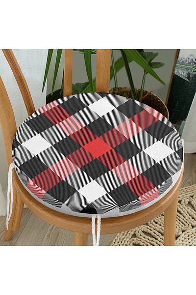 Realhomes Black Red White Plaid Patterned Round Zippered Chair Cushion
