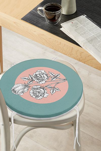 Realhomes Round Zippered Chair Cushion with Turquoise Powder Floor and Rose Motif