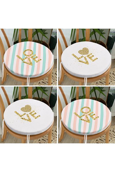 Realhomes 4-Piece Modern Round Zippered Chair Cushion Set with Gold Detail and Love Writing on White Background