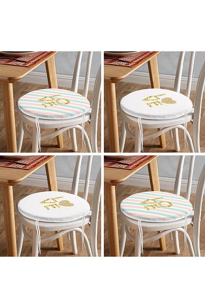 Realhomes 4-Piece Modern Round Zippered Chair Cushion Set with Gold Detail and Love Writing on White Background