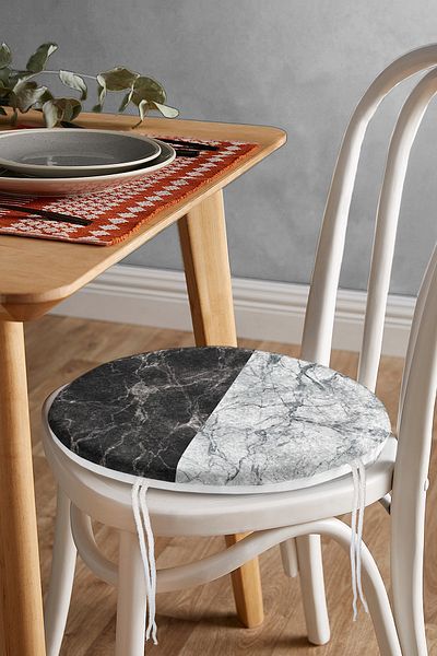 Realhomes Black Gray Marble Motif Digital Printed Round Zippered Chair Cushion