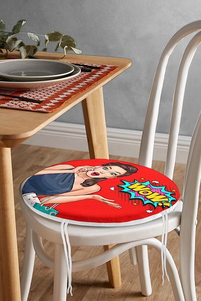 Realhomes Popart Wow Patterned Modern Round Zippered Chair Cushion with Red Background