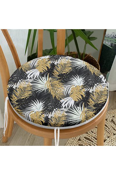 Realhomes Special Design Round Zippered Chair Cushion with Palm Leaves on Black Background