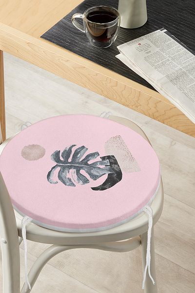 Realhomes Tropical Leaf Pattern Digital Printed Special Design Round Zippered Chair Cushion on Pink Background