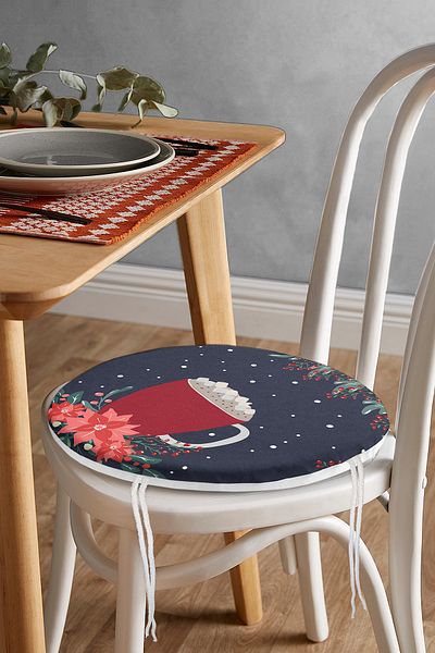 Realhomes Navy Blue Floor Red Cup Patterned Digital Printed Modern Round Zippered Chair Cushion