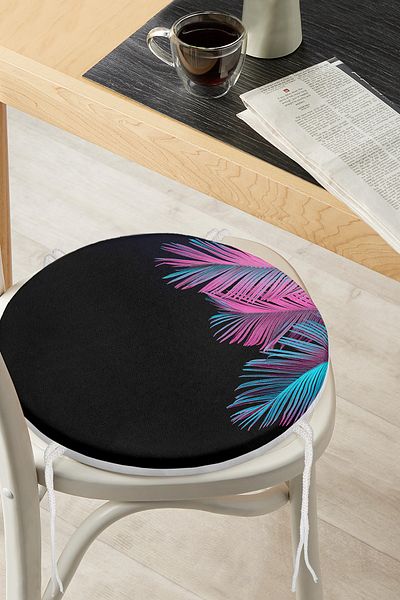 Realhomes Special Design Round Zippered Chair Cushion with Black Background and Tropical Leaves