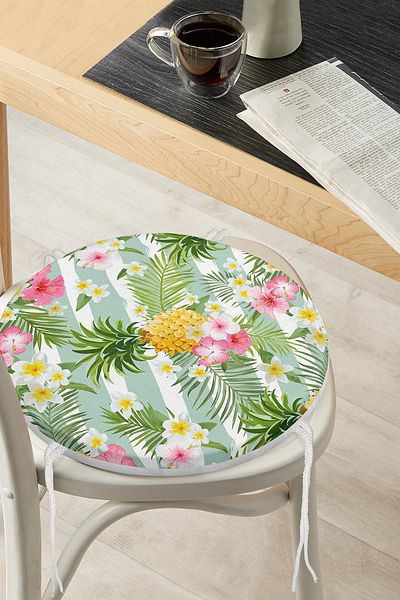 Realhomes Tropical Plant Patterned Digital Printed Round Zippered Chair Cushion