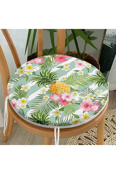 Realhomes Tropical Plant Patterned Digital Printed Round Zippered Chair Cushion