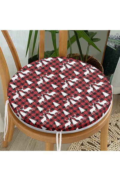 Realhomes Red Plaid Patterned Deer Motif Digital Printed Modern Round Zippered Chair Cushion