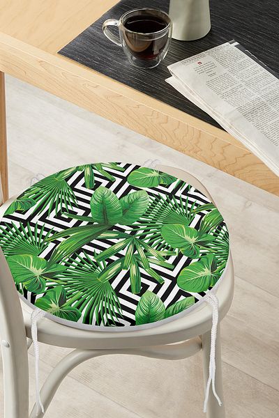 Realhomes Digital Printed Modern Round Zippered Chair Cushion with Green Leaf Pattern on Geometric Floor