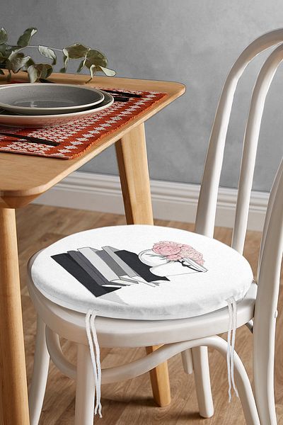 Realhomes Digital Printed Round Zippered Chair Cushion with Rose Book and Coffee Design