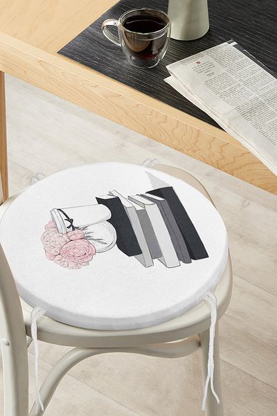 Realhomes Digital Printed Round Zippered Chair Cushion with Rose Book and Coffee Design