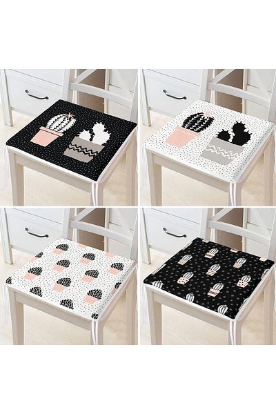 Realhomes 4-Piece Black and White Floor Digital Printed Zippered Chair Cushion Set with Cactus Drawing