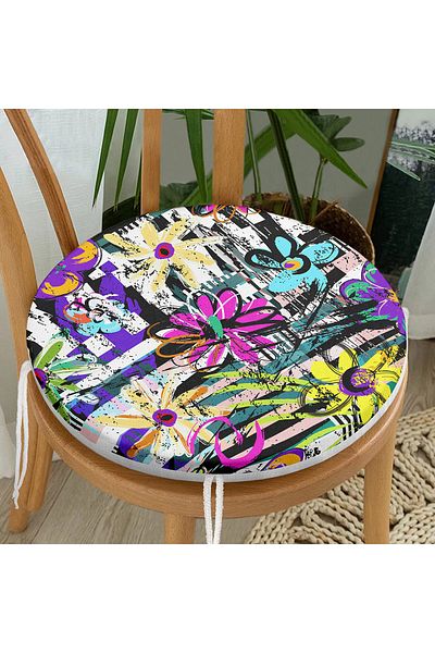 Realhomes Black and White Themed Flower Motif Round Zippered Chair Cushion