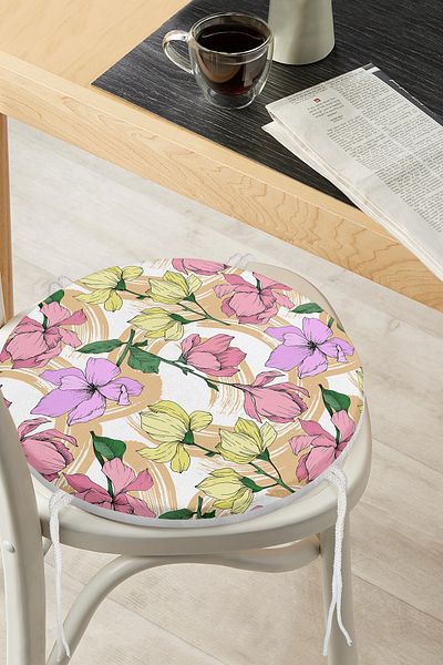 Realhomes Digital Printed Modern Round Zippered Chair Cushion with Flower Pattern on White Background