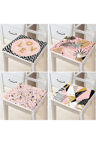 Realhomes 4-Piece Colorful Gold Detailed Leaf Patterned Modern Zippered Chair Cushion Set on the Floor