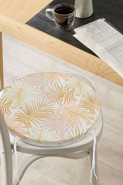 Realhomes Gold Drawing Leaf Patterned Special Design Round Zippered Chair Cushion