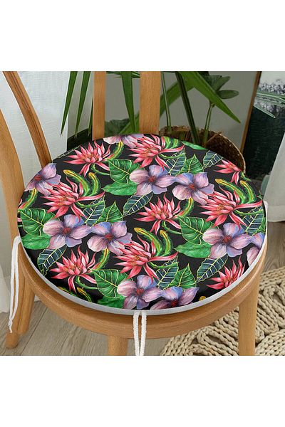 Realhomes Modern Round Zippered Chair Cushion with Watercolor Tropical Plants Design on Black Background