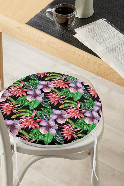 Realhomes Modern Round Zippered Chair Cushion with Watercolor Tropical Plants Design on Black Background