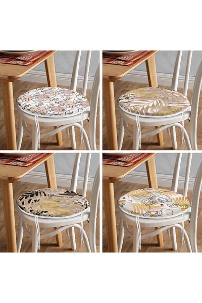 Realhomes Set of 4 Special Design Dried Leaf and Portrait Drawing Motif Round Zippered Chair Cushions