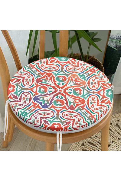 Realhomes Digital Printed Modern Round Zippered Chair Cushion with Tile Pattern on White Background