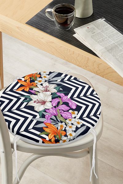 Realhomes Flower Pattern Digital Printed Round Zippered Chair Cushion