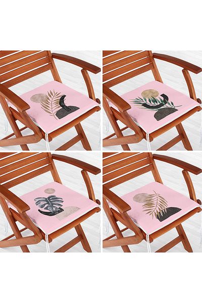 Realhomes 4-Piece Modern Zippered Chair Cushion Set with Silver and Gold Leaf Design on Pink Floor