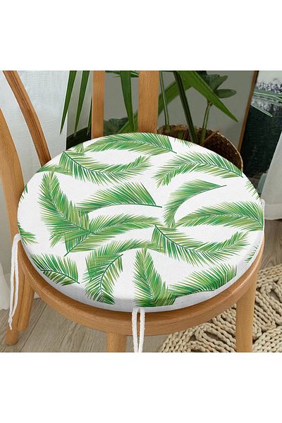 Realhomes Digital Printed Modern Round Zippered Chair Cushion with Green Leaf Pattern on White Background