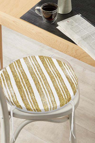 Realhomes Gold Colored Leaf Patterned Digital Printed Modern Round Zippered Chair Cushion on White Background
