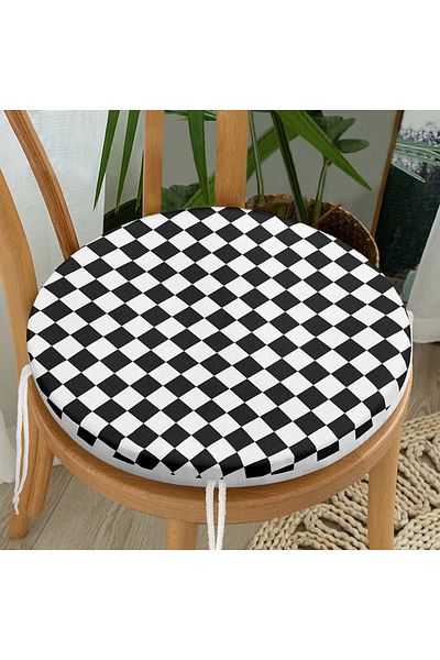 Realhomes Black and White Plaid Patterned Round Zippered Chair Cushion