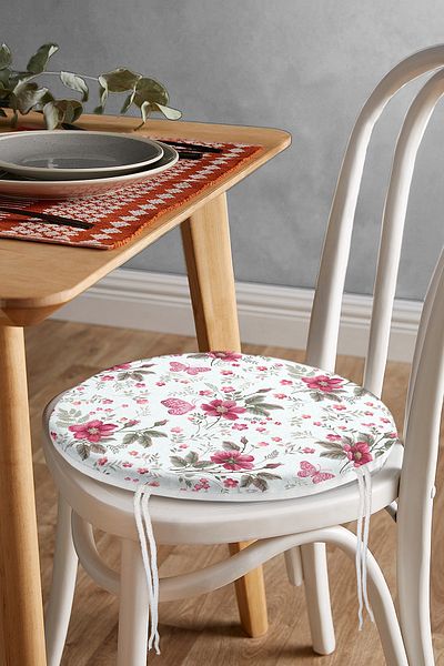 Realhomes Pink Flowers on White Background Digital Printed Modern Round Zippered Chair Cushion