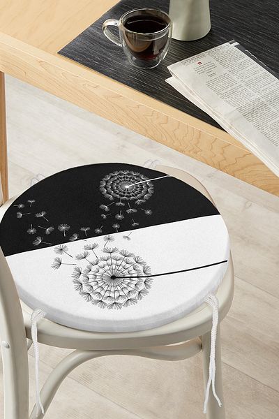 Realhomes Digital Printed Modern Round Zippered Chair Cushion with Flower Pattern on Black and White Background