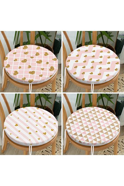 Realhomes Set of 4 Gold Detailed Pink Geometric Drawing Round Zippered Chair Cushions