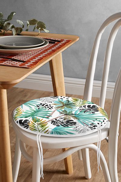 Realhomes Black Polka Dot Blue Palm Modern Digital Printed Round Zippered Chair Cushion