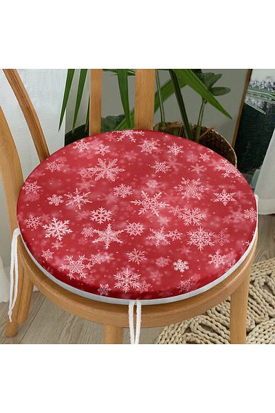 Realhomes Round Zippered Chair Cushion with Snowflakes on Red Background
