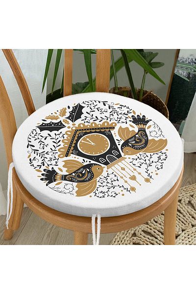 Realhomes Digital Printed Round Zippered Chair Cushion with Tile Drawing Cuckoo Clock Motif