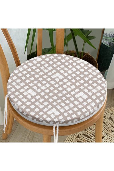 Realhomes Round Zippered Chair Cushion with Geometric Square Motif on Mink Floor