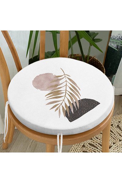 Realhomes Abstract Drawing Moon and Leaf Motif Round Zippered Chair Cushion on White Background