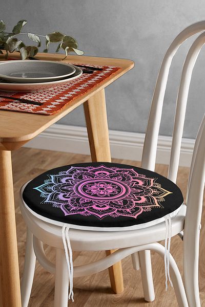 Realhomes Pink and Blue Mandala Patterned Special Design Round Zippered Chair Cushion on Black Background