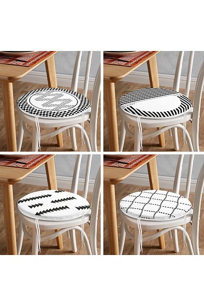 Realhomes Set of 4 Black and White Scandinavian Designed Round Zippered Chair Cushions
