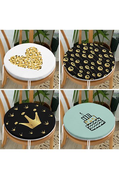 Realhomes Set of 4 Gold Leaf Birthday Concept Decorative Round Zippered Chair Cushions