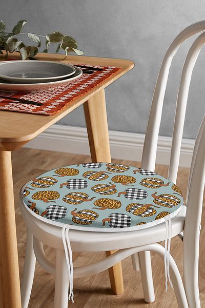 Realhomes Plaid Pumpkin Digital Printed Modern Round Zippered Chair Cushion on Pastel Floor