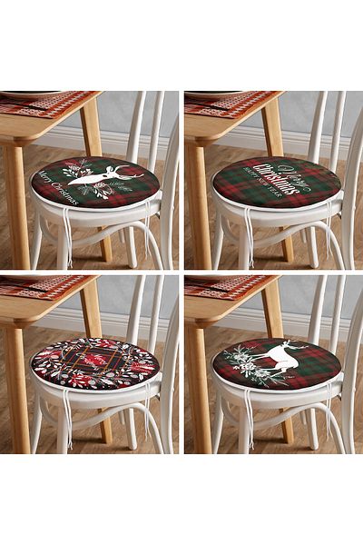 Realhomes Set of 4 Plaid Floor Christmas Patterned Round Zippered Chair Cushions