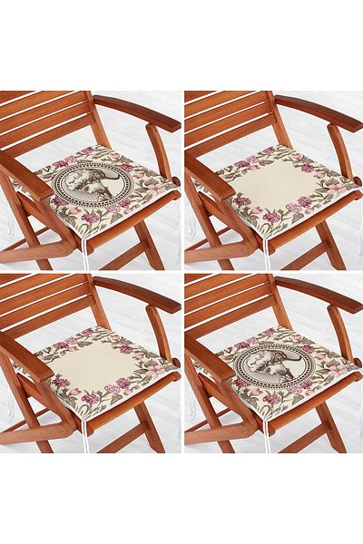 Realhomes Set of 4 Cream Floor Ethnic Drawing Digital Printed Modern Zippered Chair Cushions