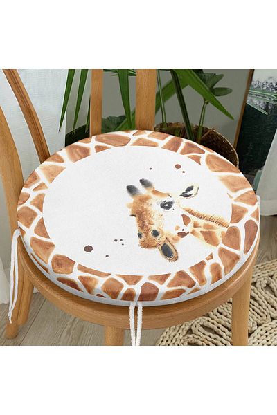 Realhomes White Background Giraffe Patterned Digital Printed Modern Round Zippered Chair Cushion
