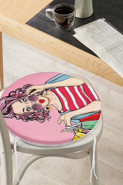 Realhomes Pink Background Popart Patterned Round Zippered Chair Cushion